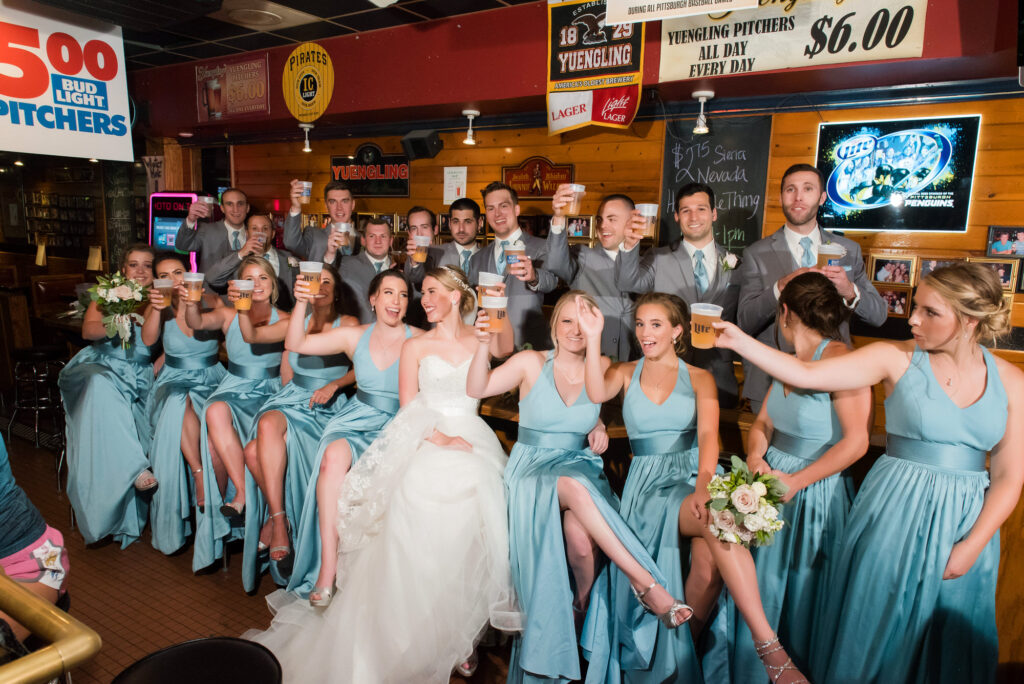 wedding party at hemingways bar oakland • University of PIttsburgh Wedding + Engagement Photo Locations