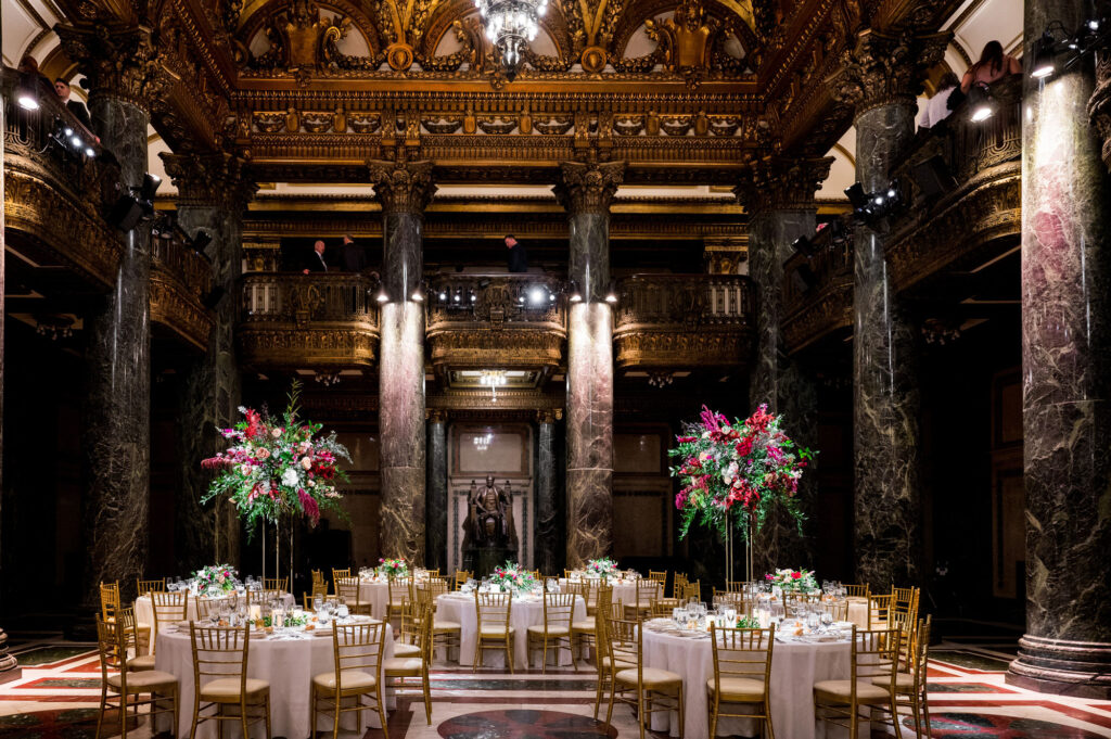 wedding reception decor at the carnegie museum music foyer • Carnegie Museum of Art and Natural History Weddings