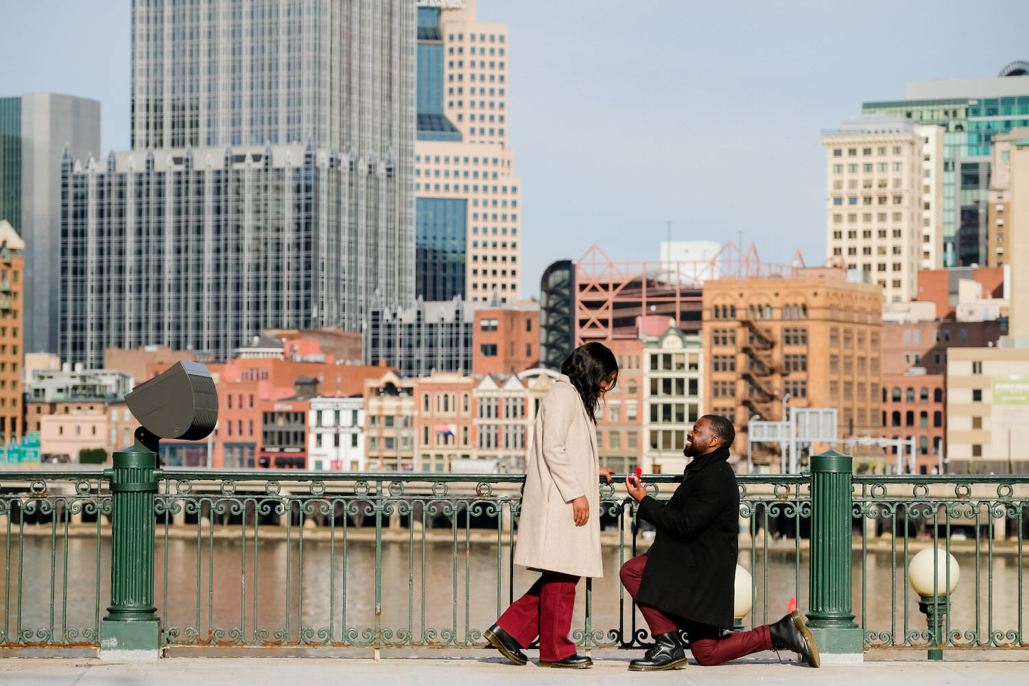 proposal station square pittsburgh city skyline • Pittsburgh Surprise Proposal Photography | Engagement