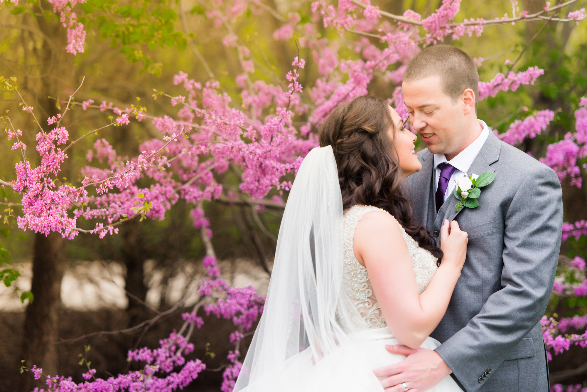 spring wedding photo with pink blossoms and wedding couple • Portfolio