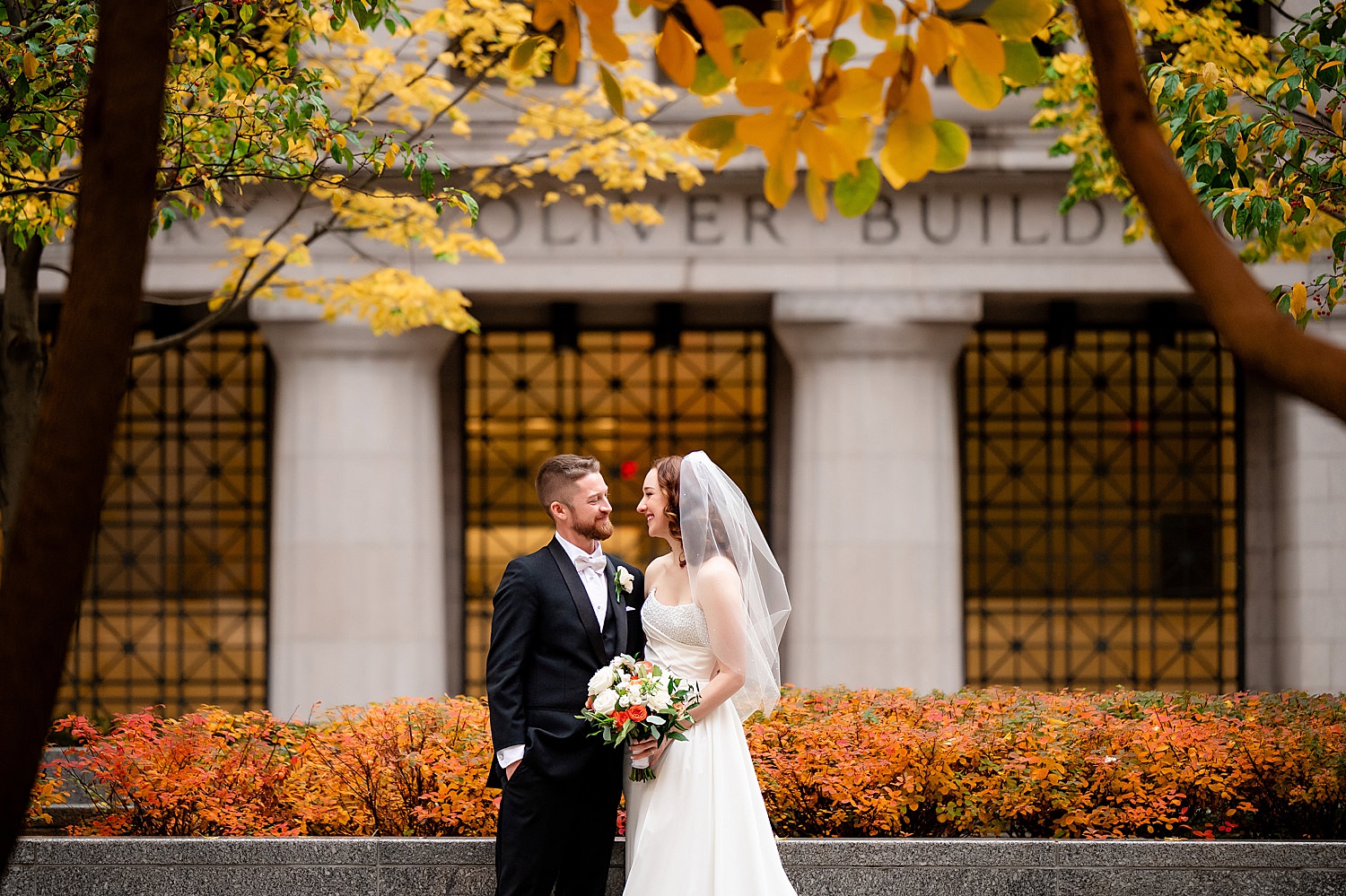 wedding picture at mellon green in autumn • Love at First Sight: Wedding at the Omni William Penn and St Rosalia Church