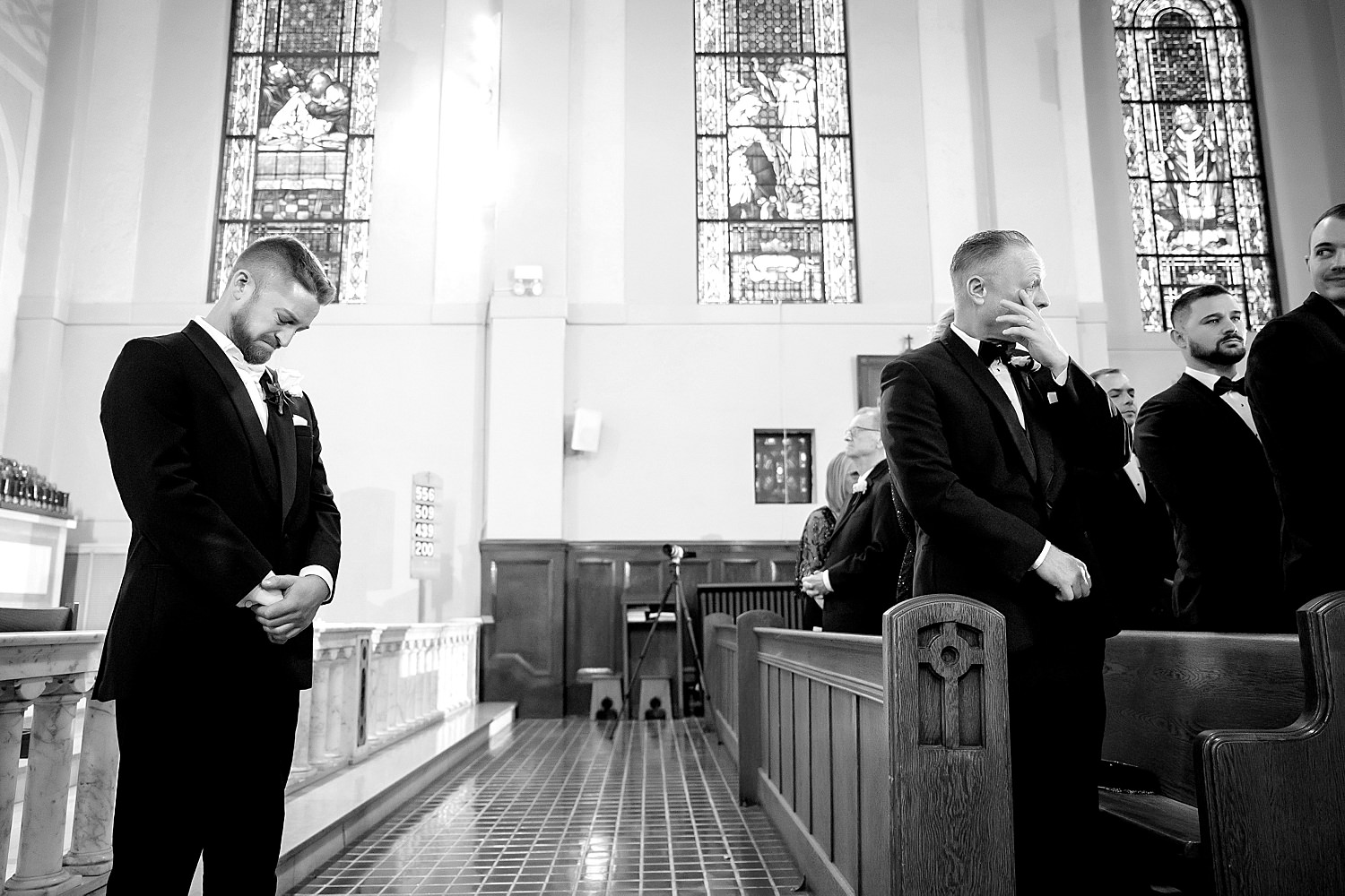 groom crying seeing his bride • Love at First Sight: Wedding at the Omni William Penn and St Rosalia Church