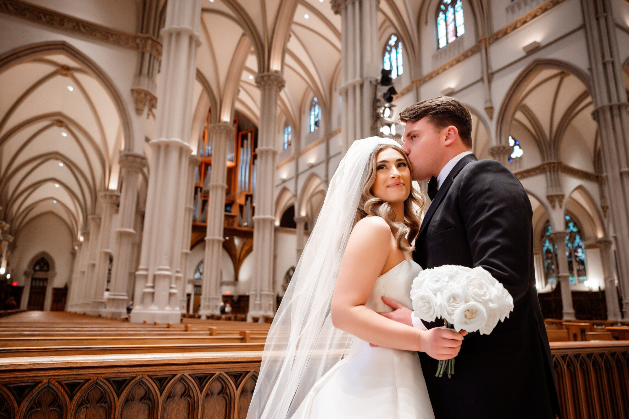 bride and groom at st paul cathedral pittsburgh • Stunning Duquesne Club Wedding Photos - An Elegant Wintery January Pittsburgh Marriage
